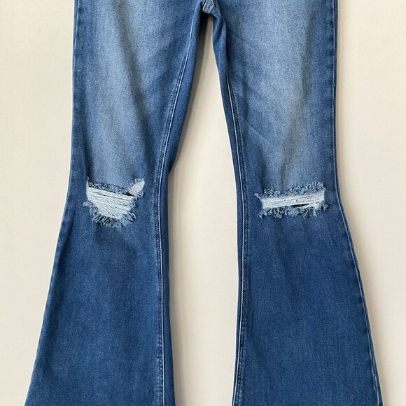 KanCan Peyton Jeans Boho Button Fly Flare Leg Busted Knees Blue 26P - Picture 8 of 11
